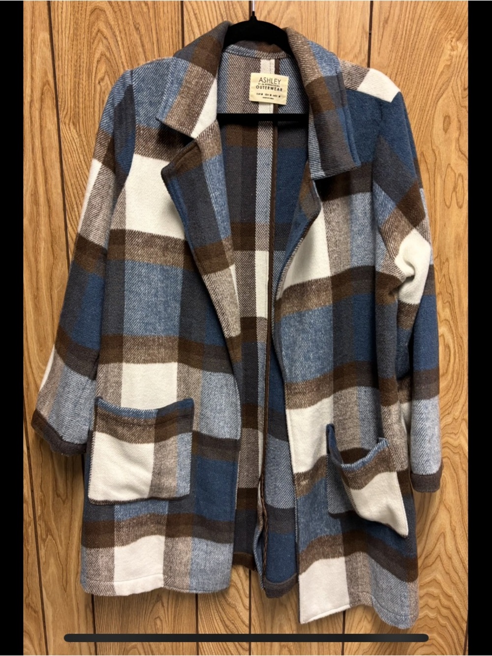 Ashley By 26 International Blue, Brown & White Plaid Open-Front Coatigan